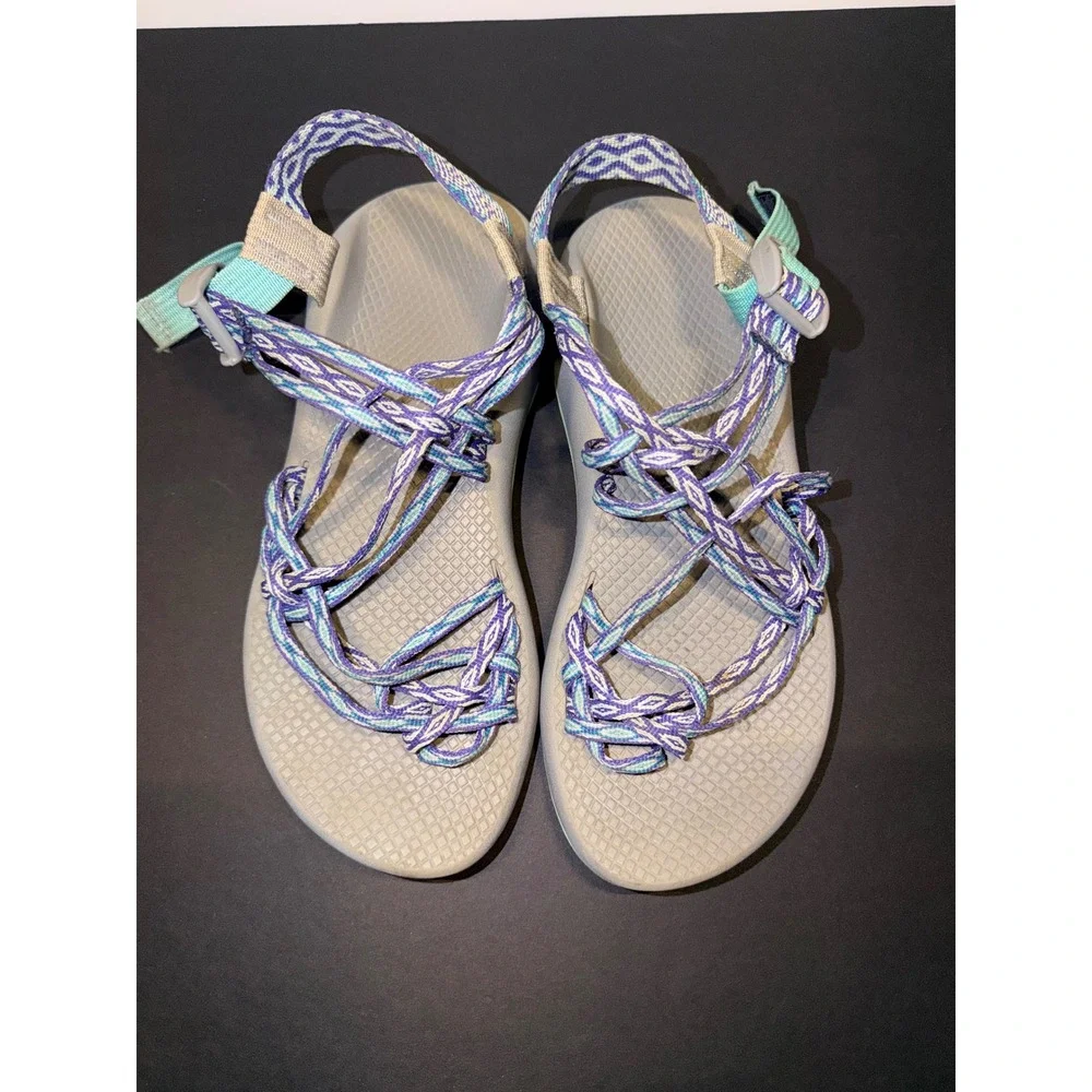 Chaco ZX/3 Sz 8 Strappy Sandals Grey‎ Purple Blue Toe Loop Water Walking Shoes